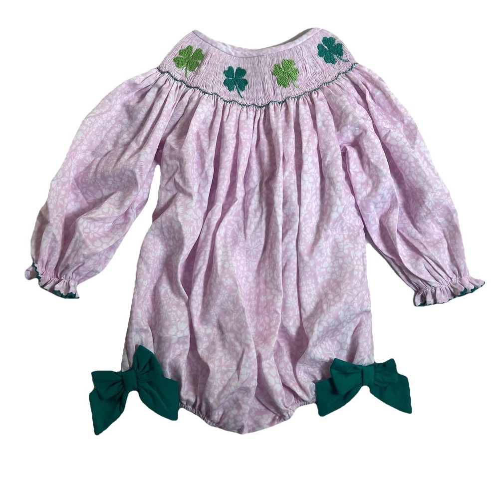 The Smocked Flamingo Girls St Patrick's Day Pink Bubble Smock Dress Shamrock 2T